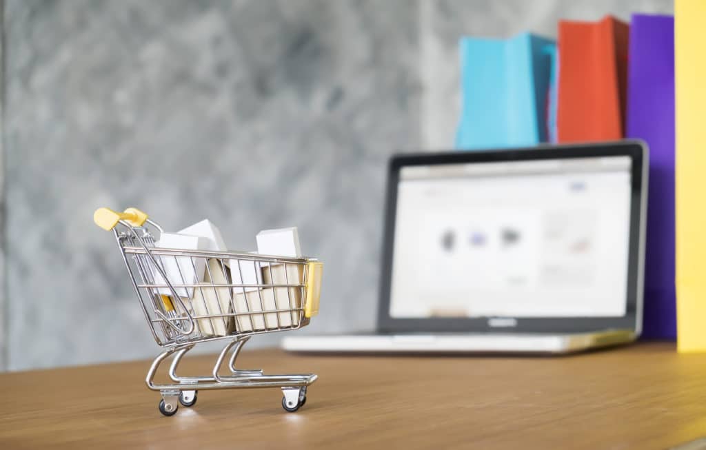 Einkaufswagen mit Waren steht vor einem Onlineshop und verbildlicht die Kosten